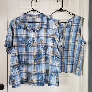 Lemon Grass Blue Plaid Shirt Set Short Sleeves Button-up Embroidered Size 3X